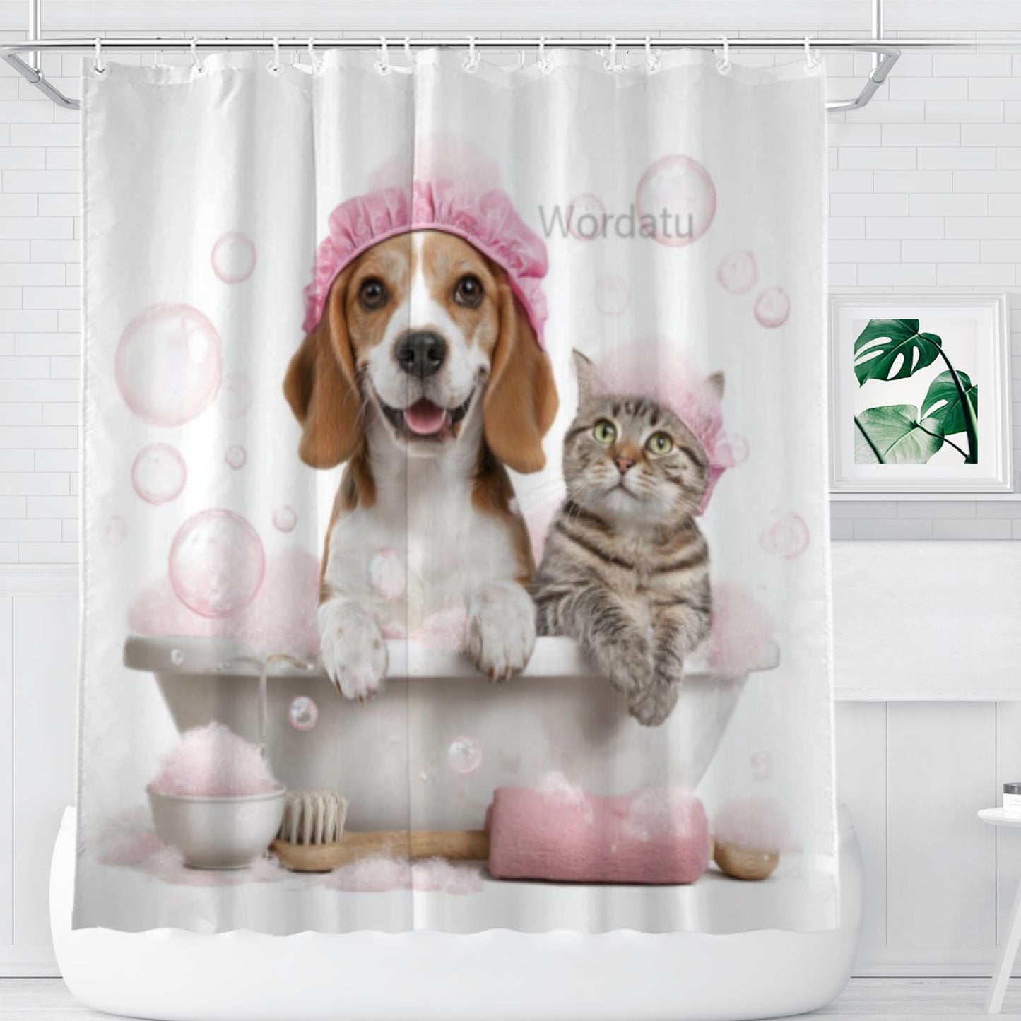 Wordatu Funny Beagle Shower Curtain Decor Fabric Bathroom Curtains, Kids Children Cartoon Waterproof 72x72 inch with 12 Hooks