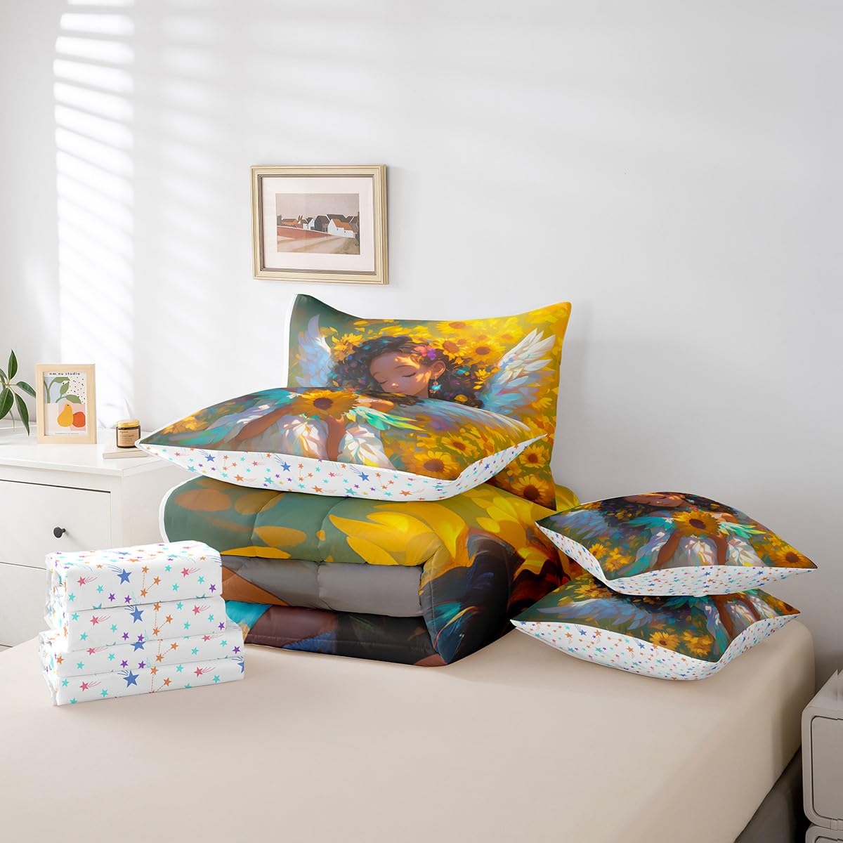 Castle Fairy Dreamy Angel Comforter Set 7 Pieces Twin Size,American Style Cute Girl Bedding Set for Kids,Spring Theme Sunflower (Comforter+Fitted+Flat Sheet+2 Pillowcases+2 Throw Pillow Covers)