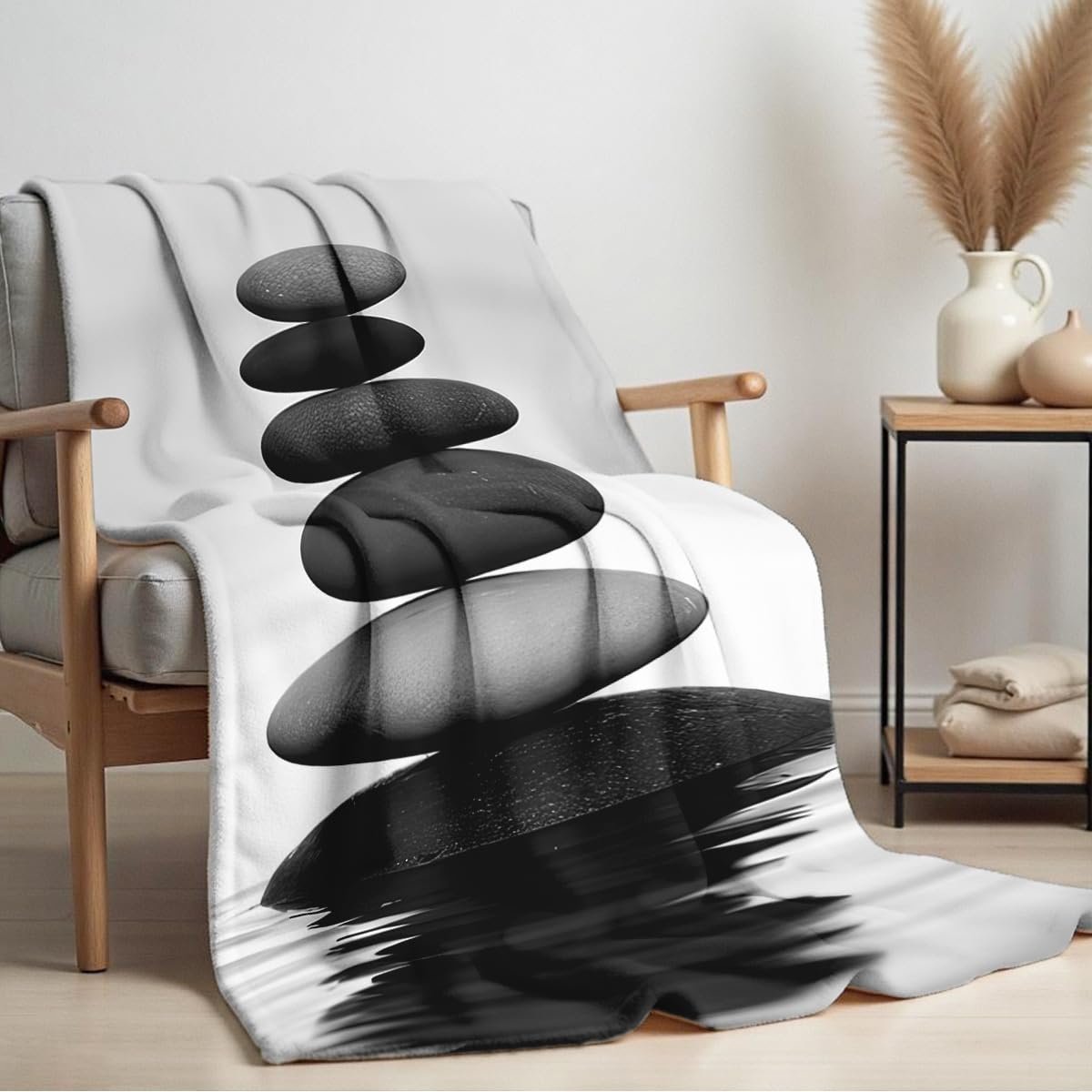 HUNXIAOJ Zen Stone on Water Print Blanket Black and White Flannel Blanket Spa Throw for Home Bedding Couch Bed Yoga Room Meditation Decor Gifts (49"x59")