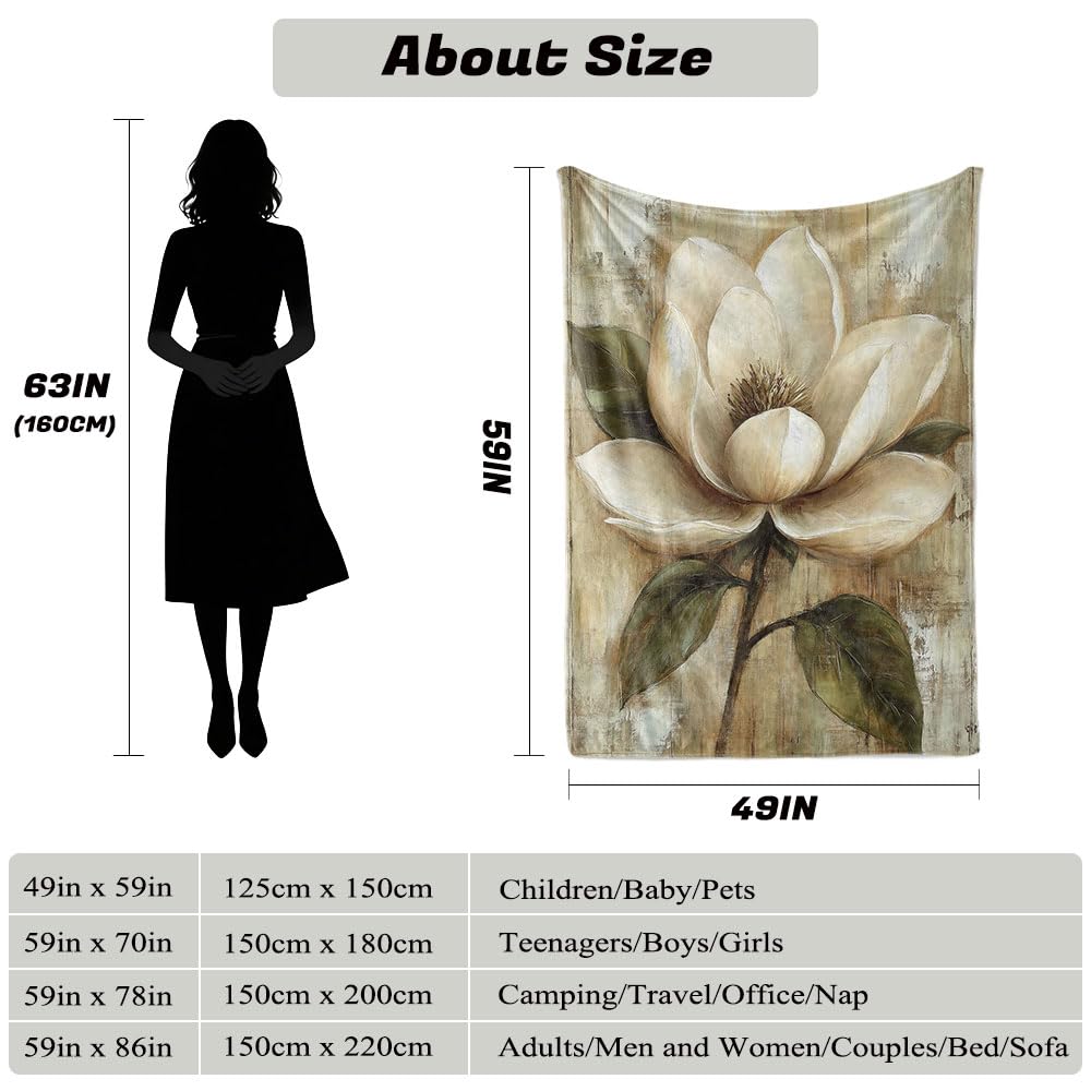HUNXIAOJ Magnolia Blanket Flower Print Blanket Magnolia Floral Decor Warm Soft Flannel for Teens Adults Bed Sofa Couch (49in x 59in)