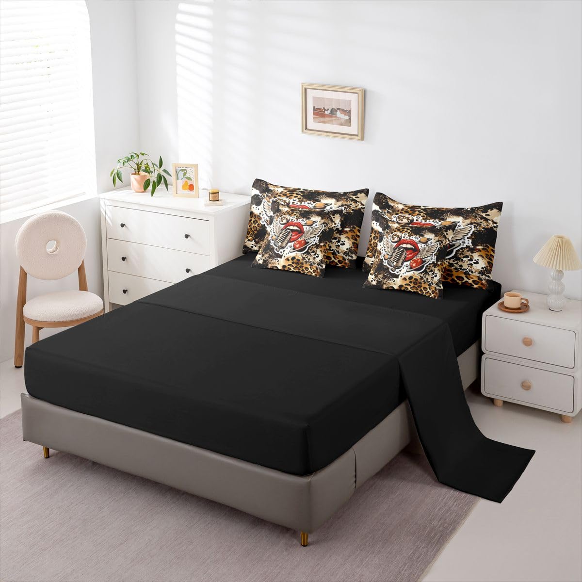 Erosebridal Leopard Print Twin Size Bedding Set Retro Rock & Roll 7 Pieces Comforter Set with Sheets for Women Girl Alluring Lips Bed in a Bag Y2K Trendy Wings & Planets Bed Sets