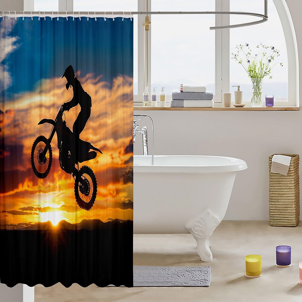 Feelyou Motocross Rider Shower Curtain for Girls Boys Dirt Bike Motorbike Bath Curtain Decorative Extreme Sports Theme Bathroom Shower Curtain Set Chic Sunset Waterproof Curtain 72"x72"