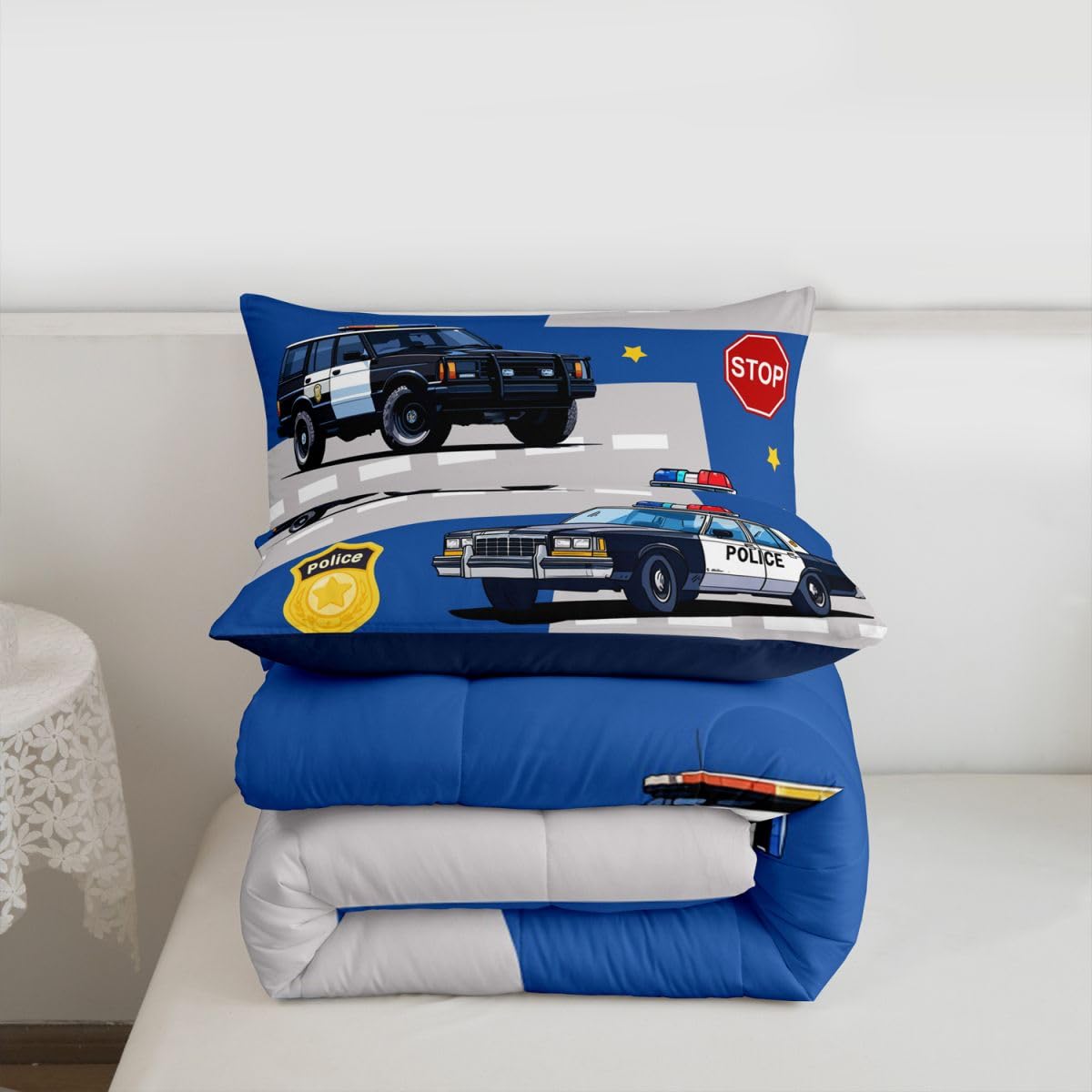 Erosebridal Police Car Comforter Set for Kids Twin Size, Cartoon Policeman Bedding Set for Boys Teens, Vehicle Comforter, Badge Quilt Duvet Set 1 Pillowcase Blue Grey