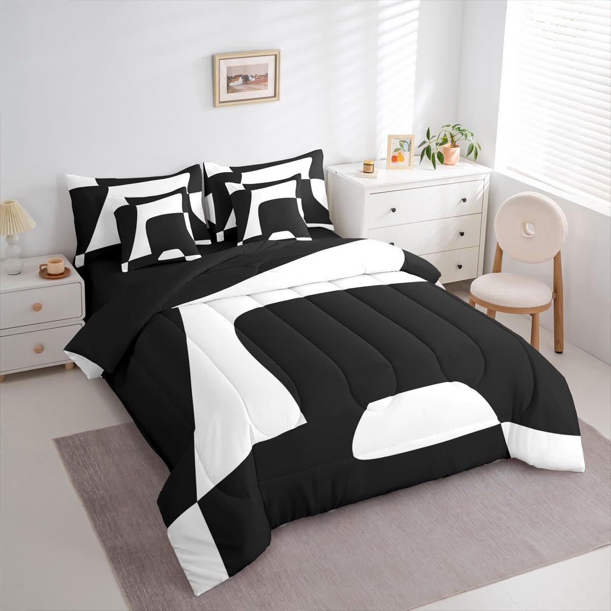 Erosebridal Black and White Abstract King 7-Piece Bedding Set for Adult Women Men Boho Geometric Striped Comforter Set Modern Art Bed in a Bag Simple Aesthetic Modern Bed Collections