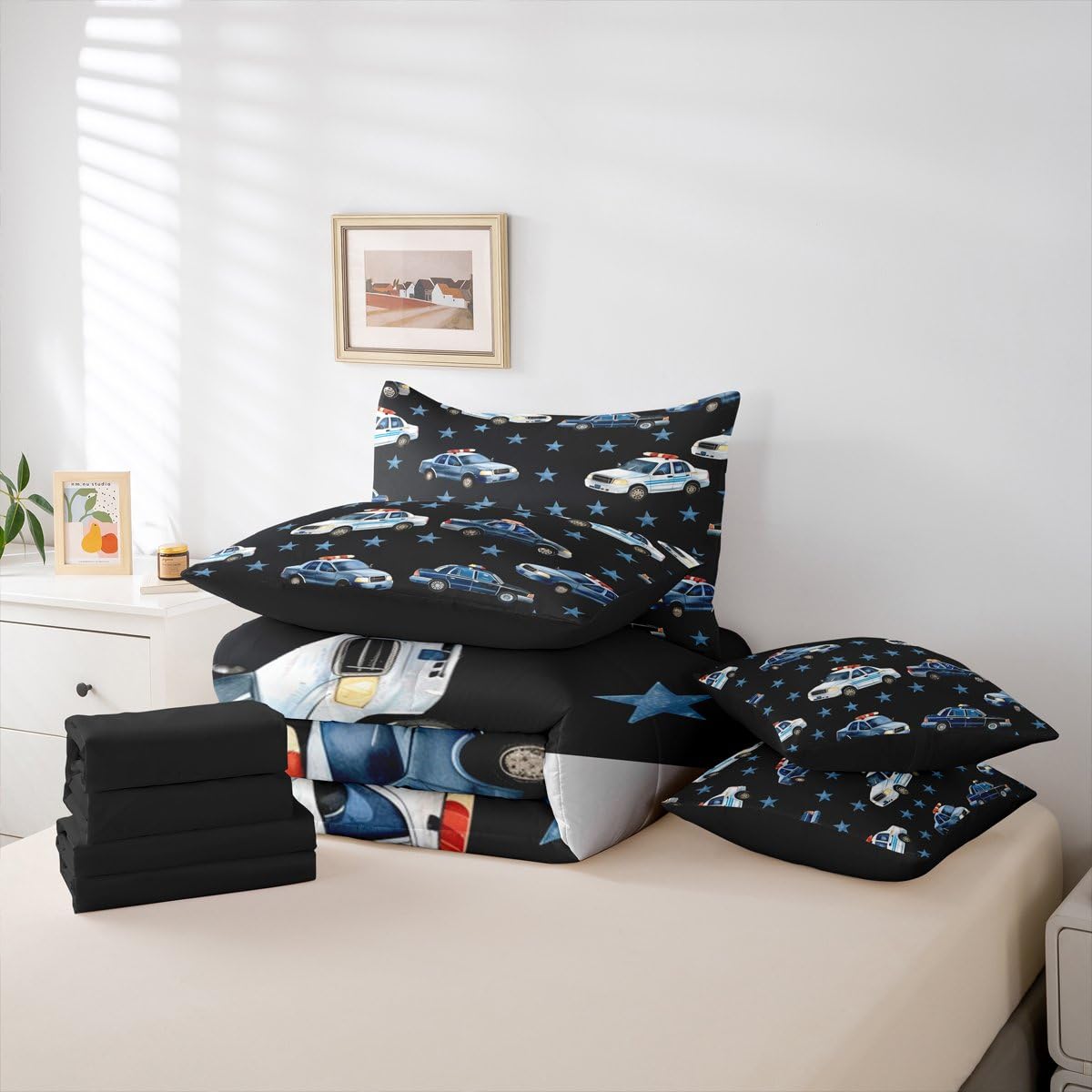 Erosebridal Police Car 7 Pieces Bedding Set Twin for Boys, Cartoon Car Comforter Set with Sheets for Kids Teens Youth Men Bedroom, Policeman Vehicle Bed in A Bag, Star Black Bed Sets, Microfiber
