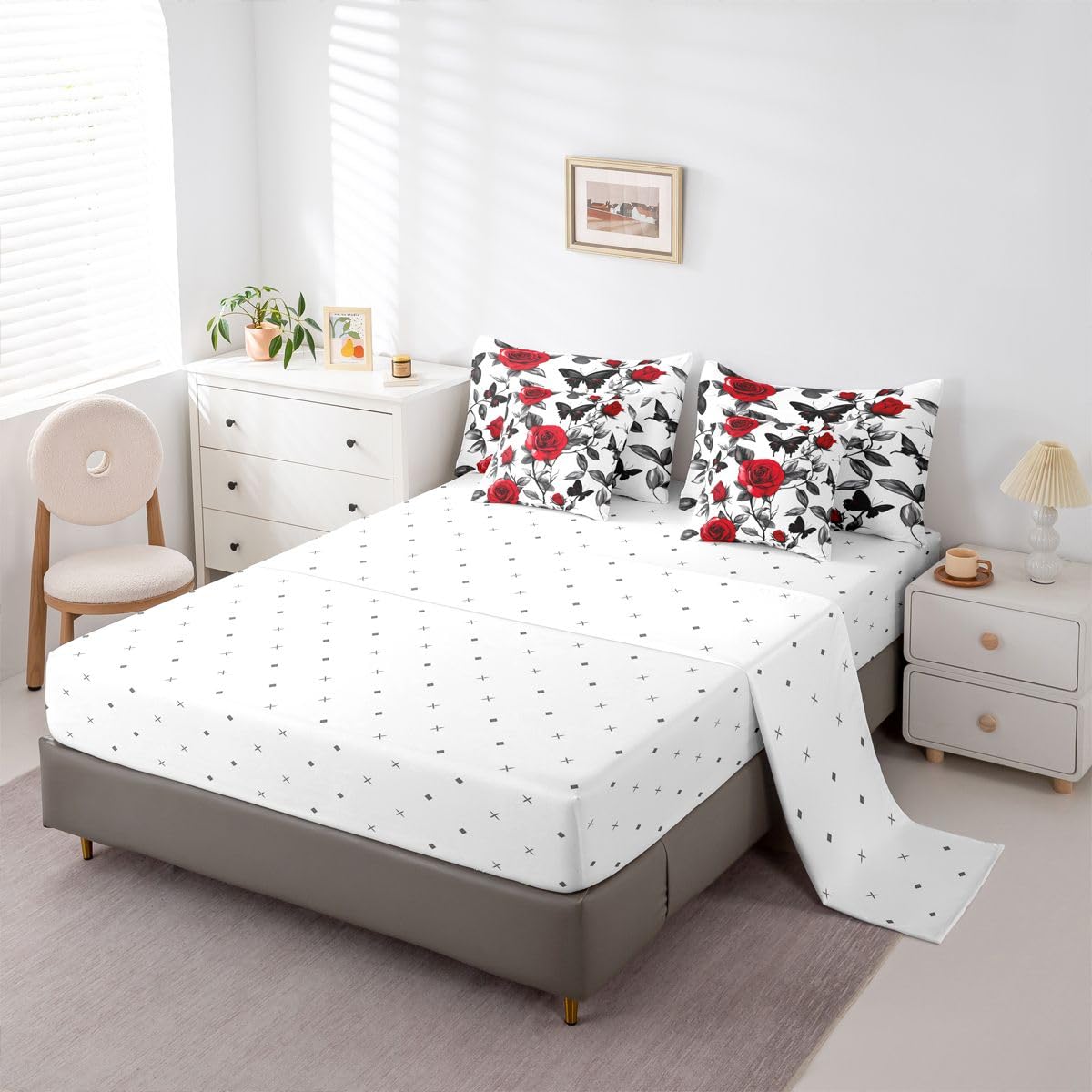 Erosebridal Red Roses Love Full Bedding Set - Romance Hearts Bed in A Bag,Romantic Gifts Comforter Sets with Sheets, Valentines Day 7 Pieces Bed Set Bedroom Decor