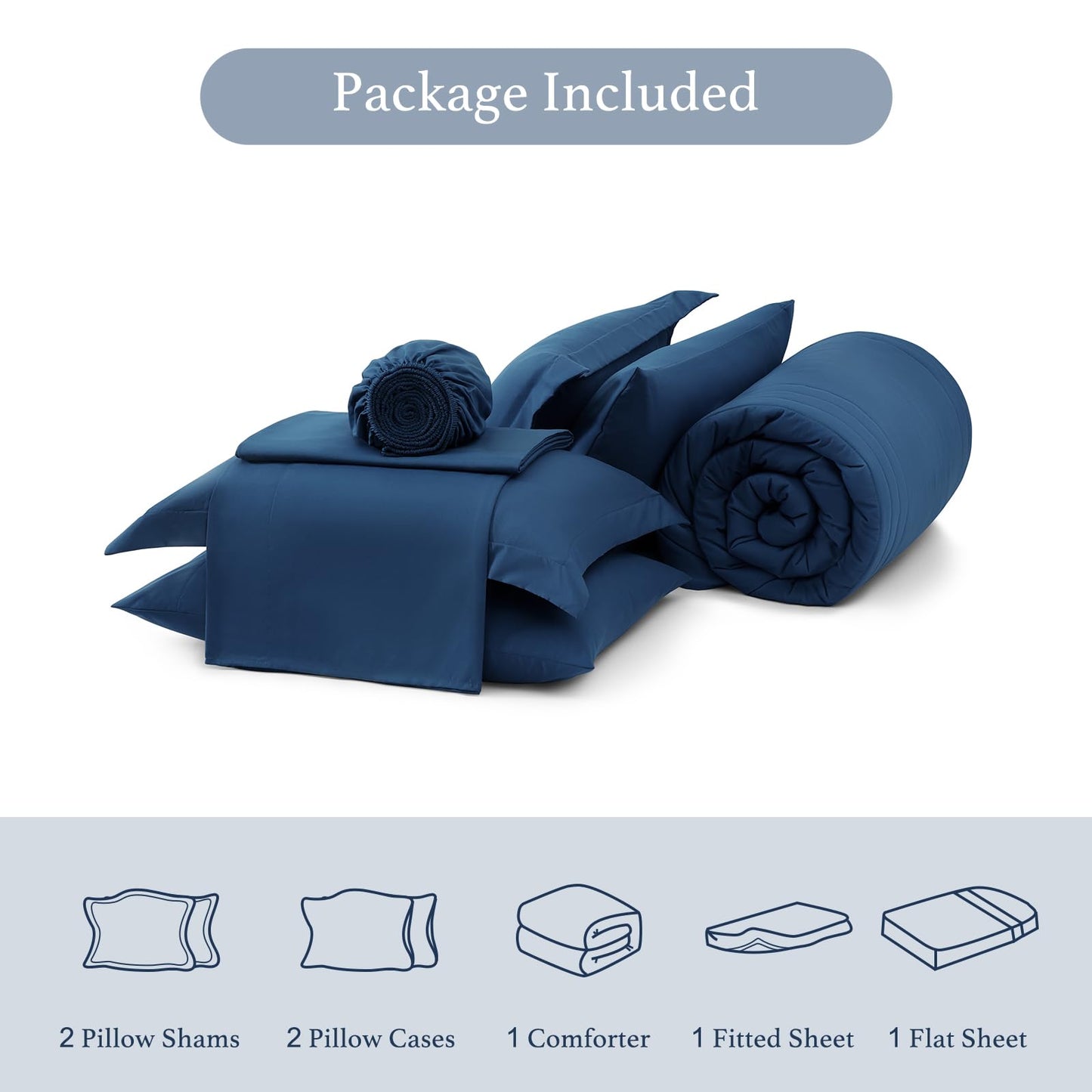 Monbix Queen Comforter Set - 7 Pieces Serenity Blue Bed in a Bag, Queen Size Bedding Sets with Comforters, All Seasons Comforter with Sheets,Pillowcases & Shams
