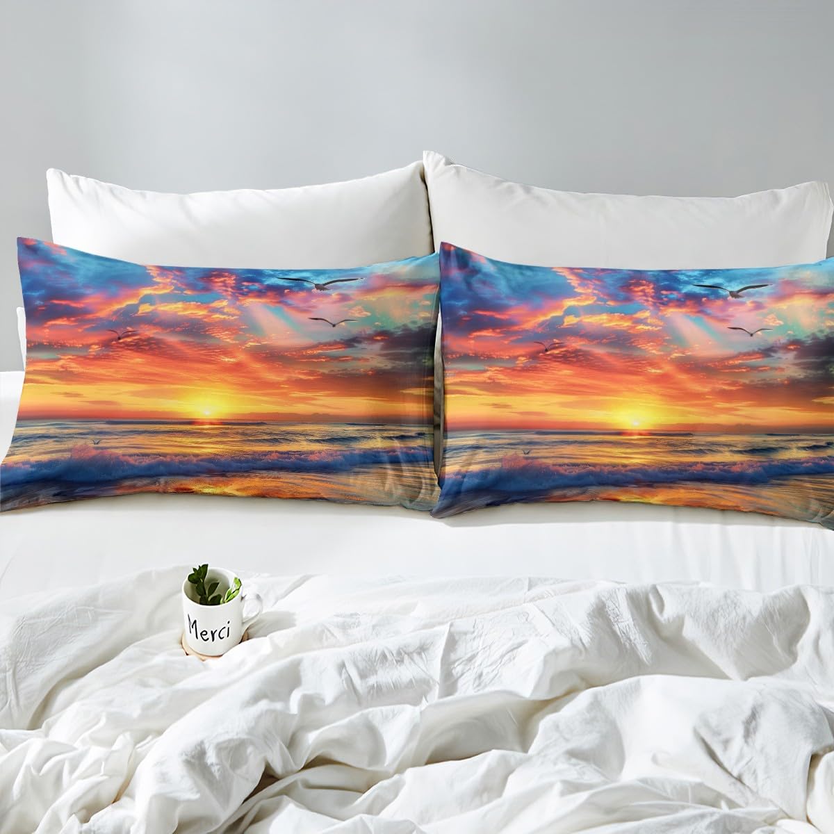 jejeloiu Beach Theme Fitted Sheet Full Size Kids Summer Sea Ocean Sunset Bed Sheets Set for Boys Girls Teens Wave Coastal Natural Scenery Bedding Set Room Decor