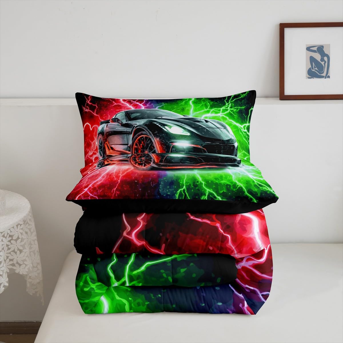 jejeloiu Racing Car Bedding Set Soft for Boys Girls, Race Car Comforter Set Twin Size Extreme Sports Duvet Quilt Microfiber Red Green Bedroom Decor 2 Pcs with 1 Pillow Cases