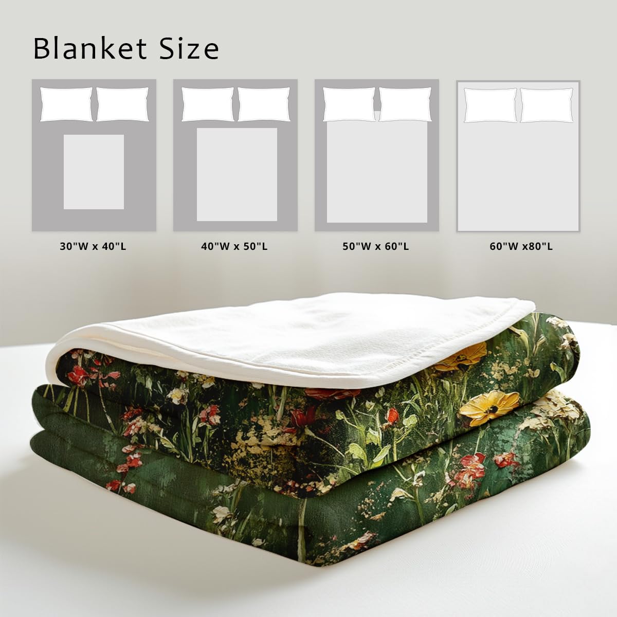 HUNXIAOJ Wildflower Print Blanket Flower Throw Blanket for Couch Bed Chair Soft Green Floral Flannel Throw Wildflower Decor Gifts (49"x59")