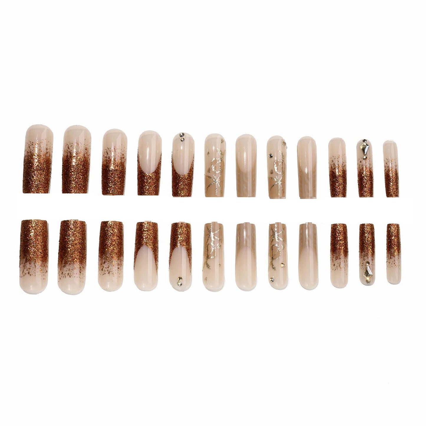 MERVF Press on Nails Long Square, White Black French Tip Fake Nails Heart Design Glue ons Gold Glitter Lines Acrylic Nail Glossy 24pcs