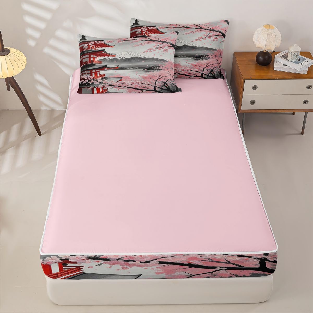 Erosebridal Japanese Cherry Blossom Kids Bedding Set Full Pavilions Mount Fuji Zipper Comforter Set for Boys Girls Teen Pink Sakura Floral Zip Up Bedding Oil Painting Bed in a Bag Set