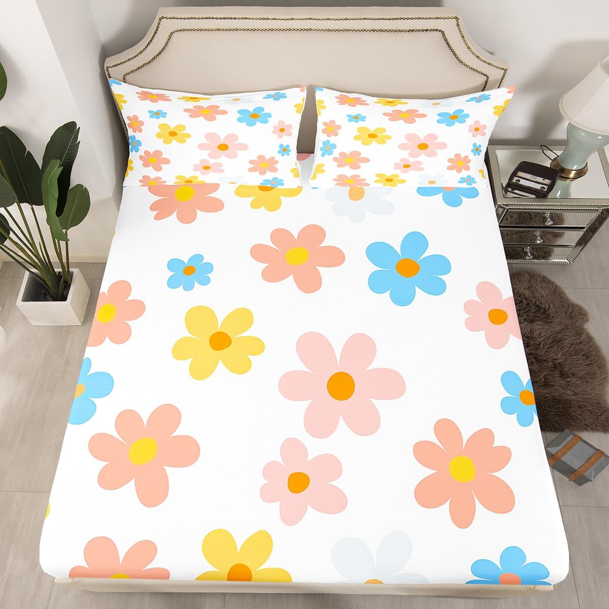 Feelyou Kids Cute Flower Sheet Set Twin Size, Cartoon Floral Printed Bedding Set Wildflower Pink Bed Sheets Set Boys Girls Kawaii Teens Bedroom Decor Microfiber Soft Bed Set