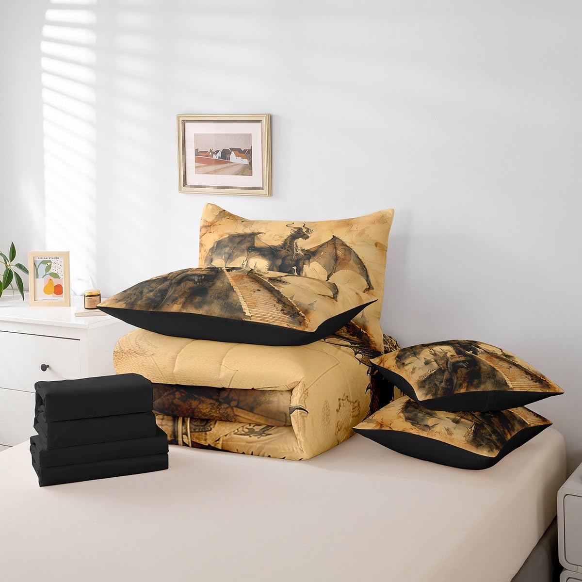 Erosebridal Magical Dragon Comforter Set King,Ancient Animal Bedding Set 7Pcs for Kids Boys Girls,Castle Bed in a Bag