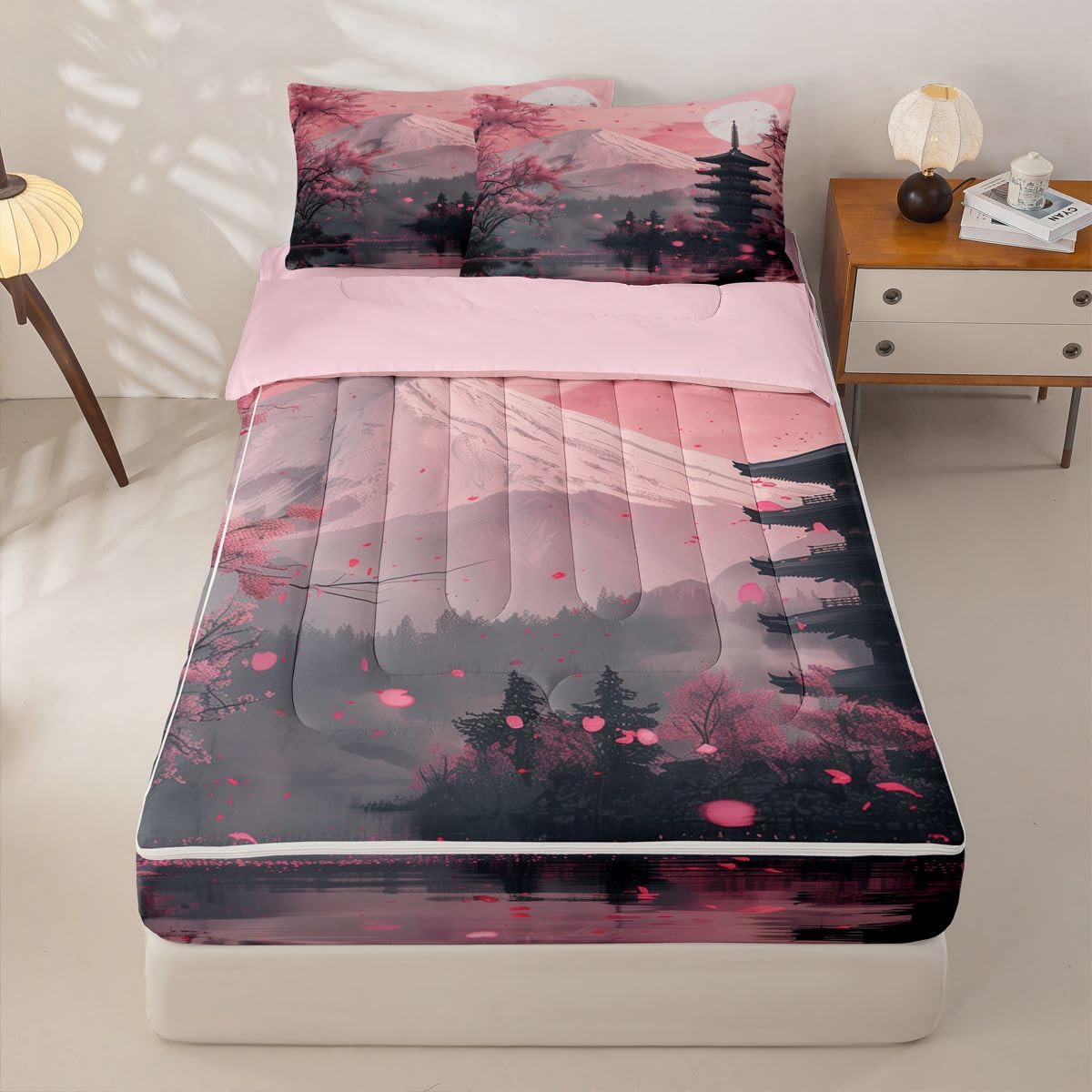 Erosebridal Pink Japanese Kids Comforter Set Full Cherry Blossom Zipper Bedding Sets for Boys Girls Teen Mount Fuji Sunset 3 Pcs Bed in a Bag Set Vintage Japanese Art Zip Up Bedding