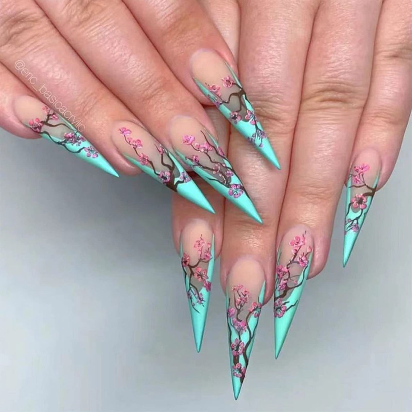 SINHOT Long Press On Nails Stiletto False Nails French Tip Fake Nails Ombre Glue on Nail Plum Blossom Acrylic Nail with Designs for Women and Girls