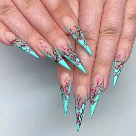 SINHOT Long Press On Nails Stiletto False Nails French Tip Fake Nails Ombre Glue on Nail Plum Blossom Acrylic Nail with Designs for Women and Girls