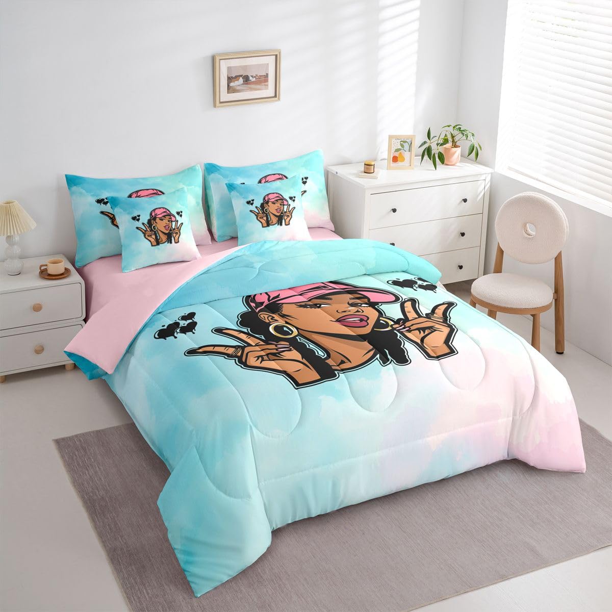 Erosebridal Cute Black Girl Twin Size Bedding Set Hip Hop Pink Hat Y2K 7 Pieces Comforter Set with Sheets for Teens Women Cool African American Bed in a Bag Tie Dye Gradient Pastel Bed Sets