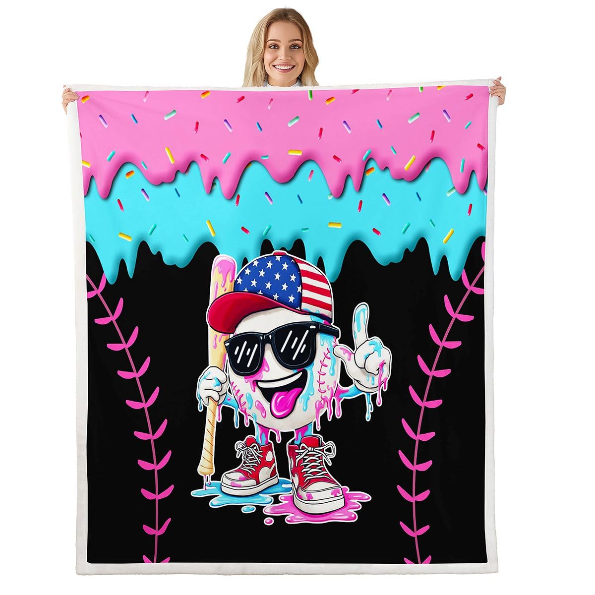 jejeloiu Ice Cream Baseball Fleece Throw Blanket Sweet Sport Hybrid Sherpa Blanket for Kids Women Men Plush Fuzzy Dessert 40"x50" Pink Blue for Bed Couch Chair Living Room Bedroom Decor