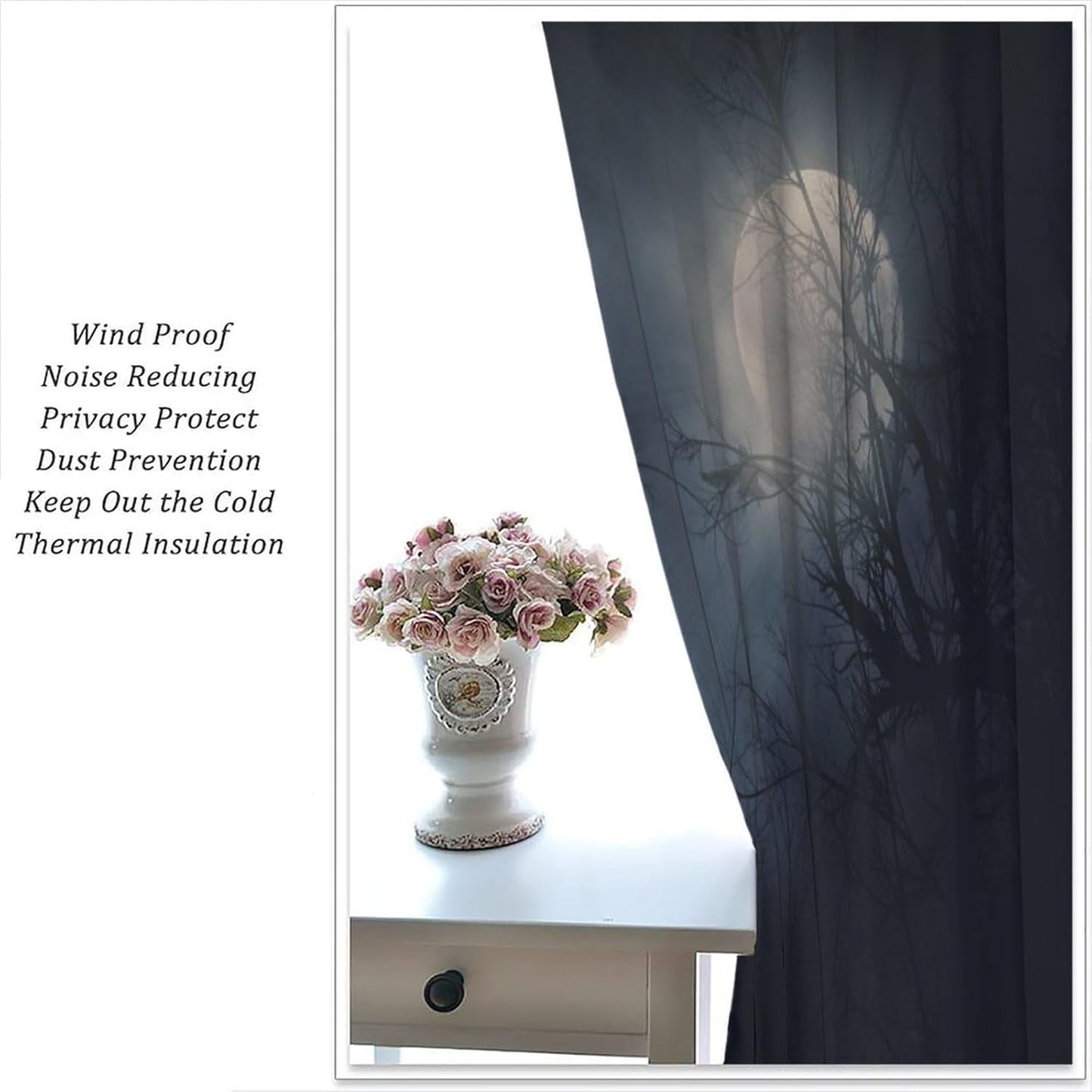 HZOHNAGO Gothic Curtains Rustic Gloomy Misty Crow Branch Moon Blackout Print Rod Pocket Window Drapes for Bedroom Living Room 42x45in