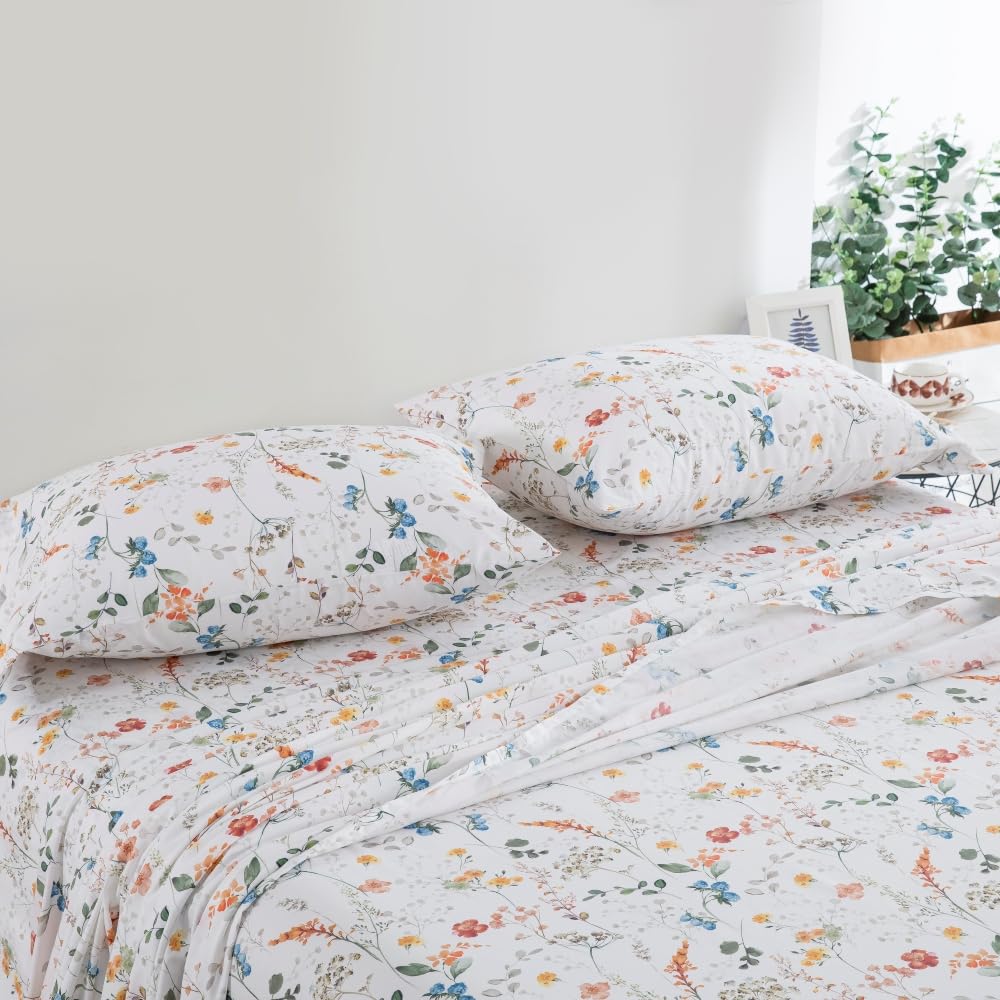 DAUAOTO Queen Size Printed Sheets Set, 100% Cotton Bedding Sets, Up to 14" Deep Mattress, Vintage Farmhouse Pattern Bedlinen Set, Botanical Garden
