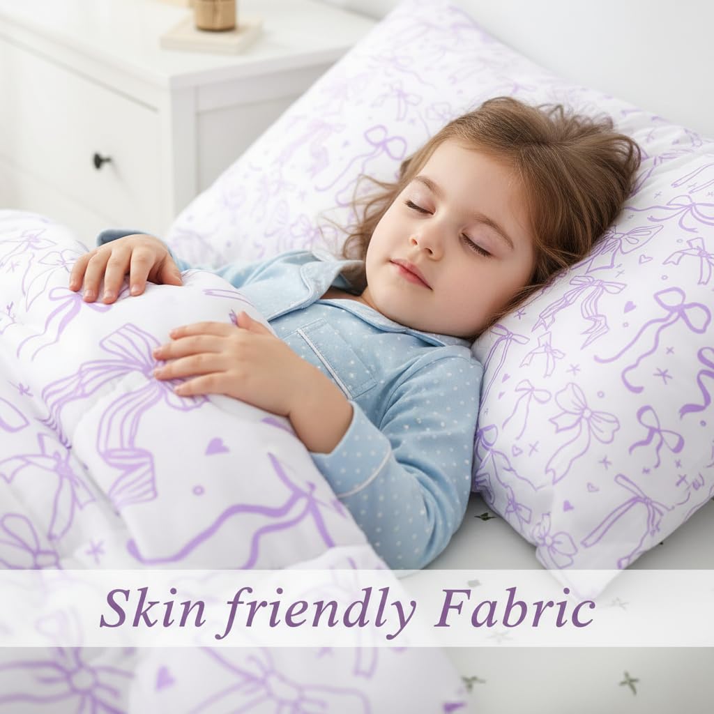 7 Pieces Kids Comforter Full Size,Purple Bow Comforters Cartoon Bowknot Bedding Butterfly Knot Princess Girl Bed Sets,Bow Star Love Girly Comforter Fitted Flat Sheet Pillowcase Throw Pillow Cover
