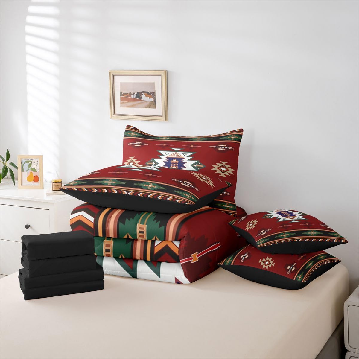 Erosebridal Western Twin Comforter Set with Sheets | Boho Decor Geometric 7 Piece Bedding Set Bohemian Aztec Bed in a Bag, Ethnic Tribal Arrow Room Decor,Red