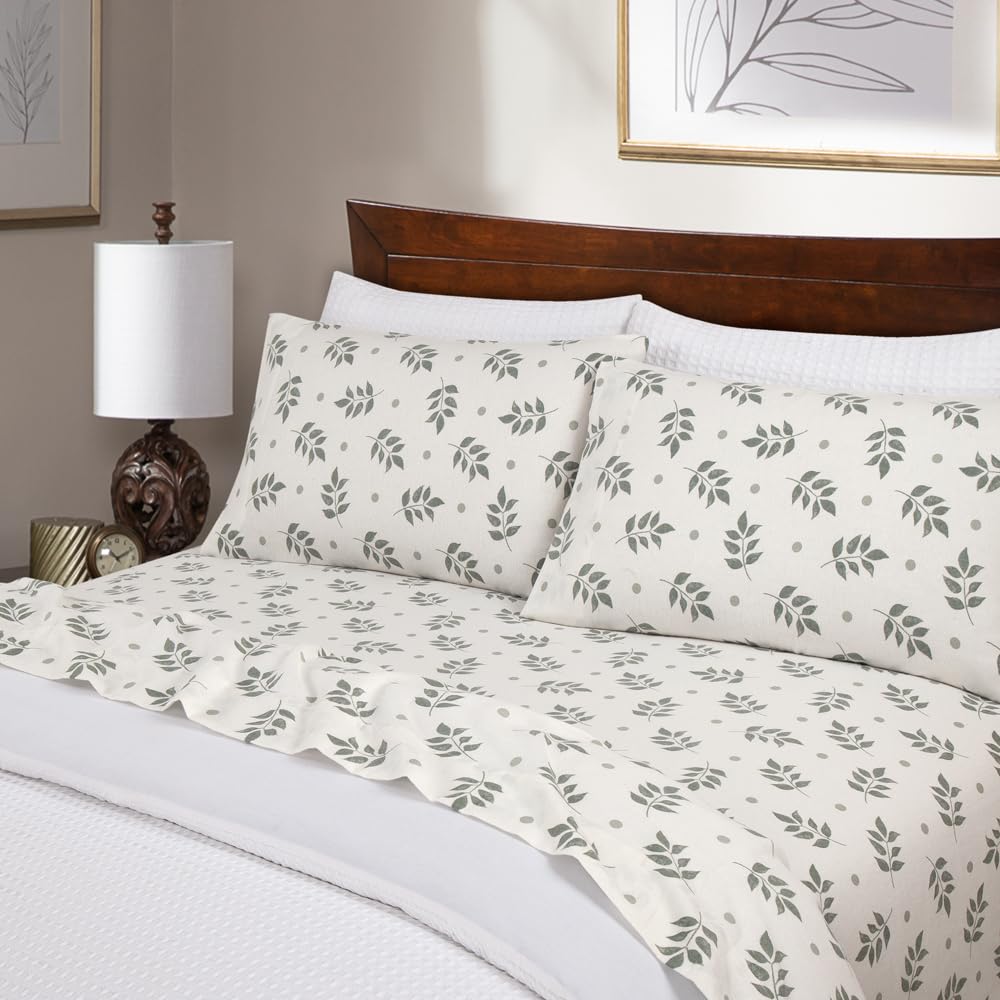 Flannel Sheets Queen Size Rich Cotton -High GSM Flannel Bed Sheet Deep Pockets - Warm & Cozy Flannel Sheet Set for All Seasons (Washy Leaf)