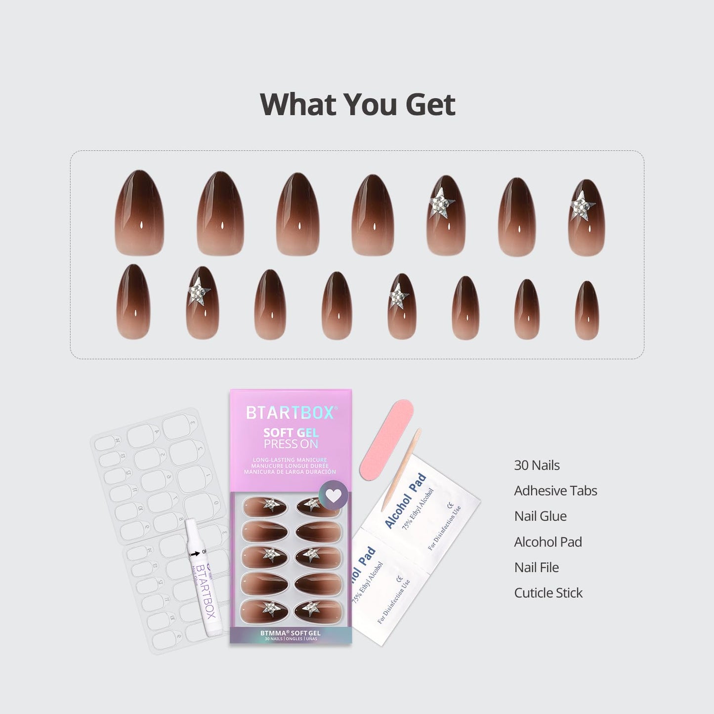 BTArtbox Press On Nails Medium - Starry Spice, Brown Almond Press On Nails with Glue and Adhesive Tabs for Women, Rhinestone Star Soft Gel Glue On Nails in 15 Sizes - 30 Stick On Nails Kit
