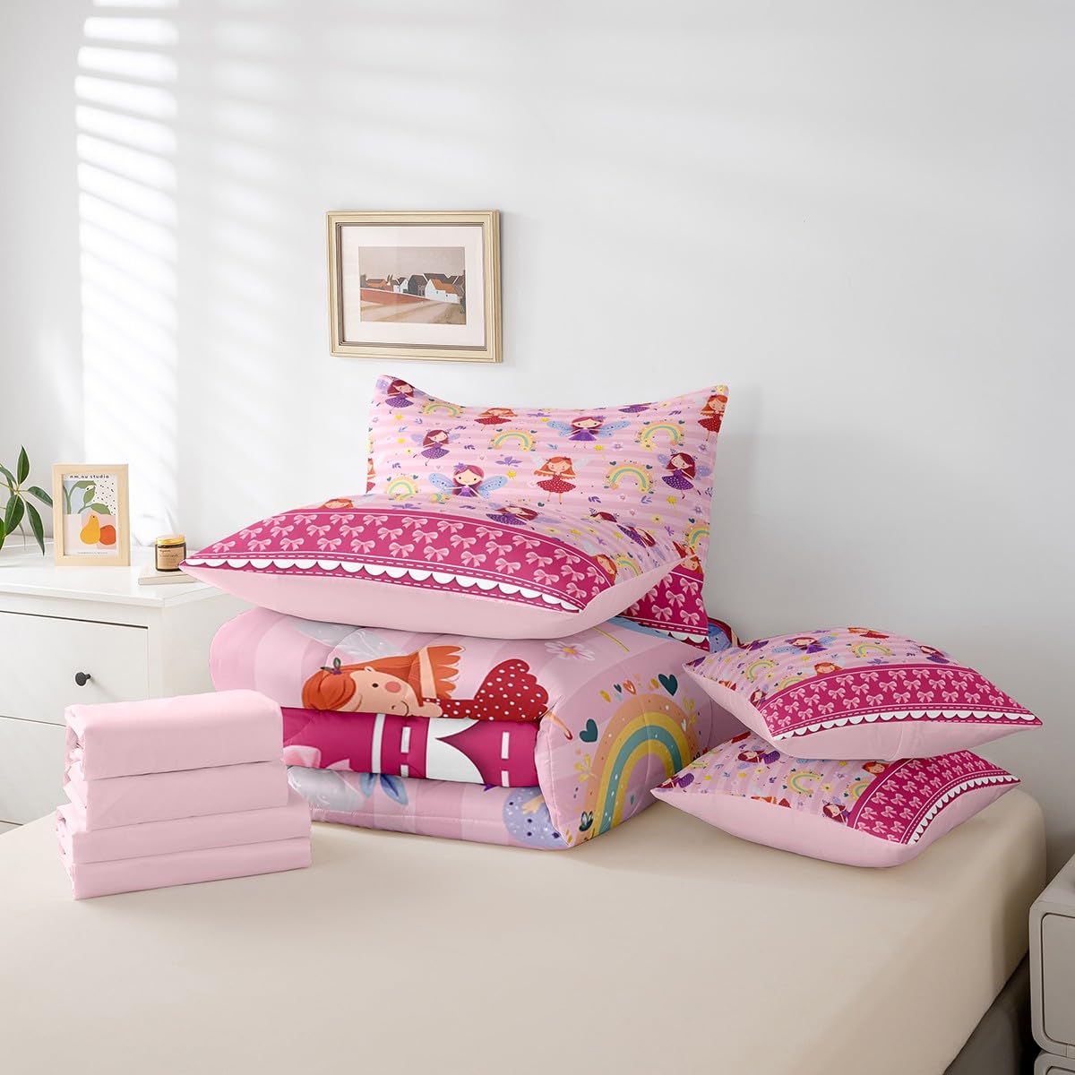 Erosebridal 7 Piece Magical Princess Kids Comforter Set King Bed in a Bag,Rainbow Girls Bedding Set for Child,Dreamy Pink Bowknot Sheet Set,Girly Cute Bow Bed Set,Pale Pink Stripes Duvet Insert