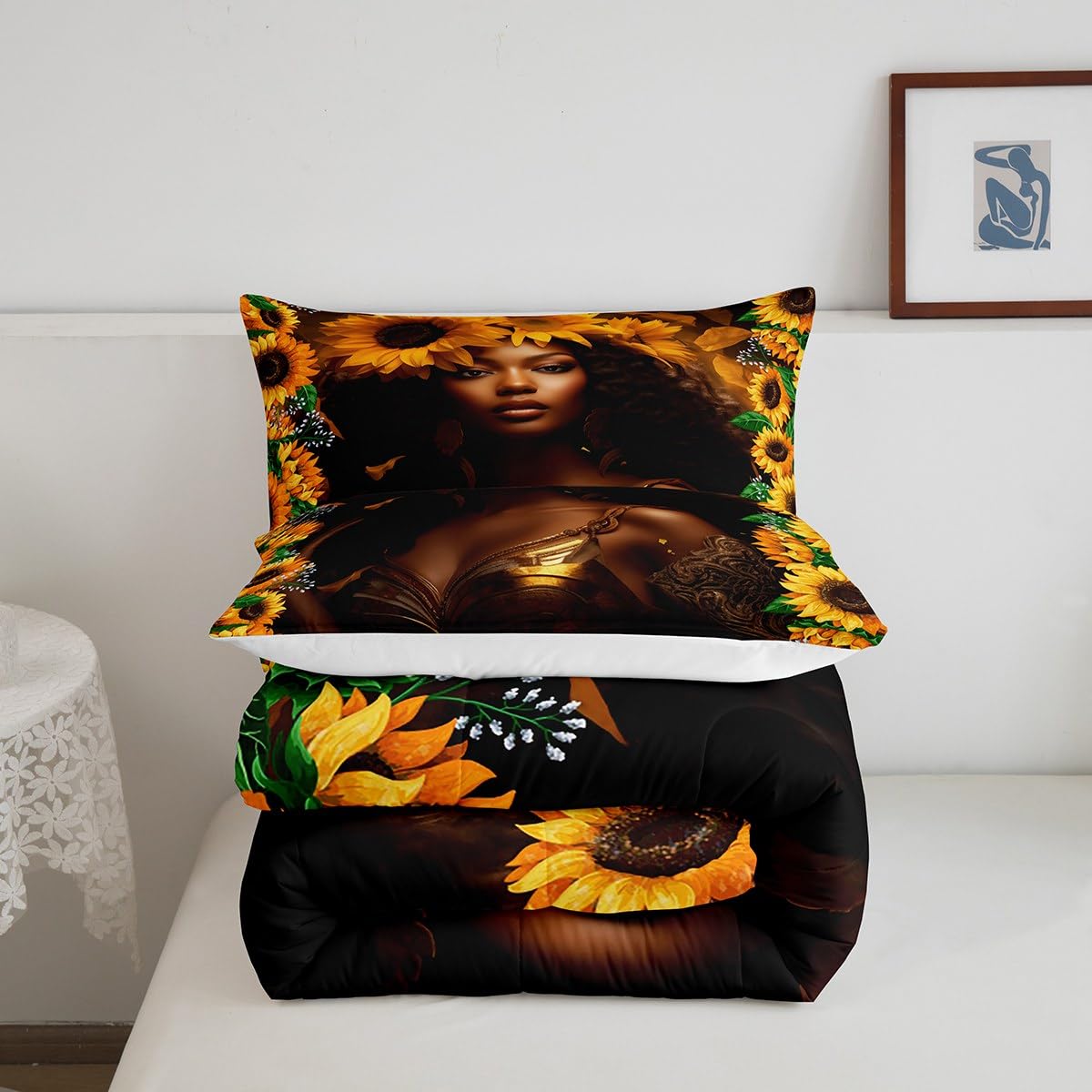 Homewish Black Woman Girls Comforter Set Queen Size,Romantic Sunflower Floral Bedding Set 3Pcs for Kids Teens Boys Adult Room Decor,Africa American Quilt Set Nature Exotic Duvet Insert,2 Pillowcases