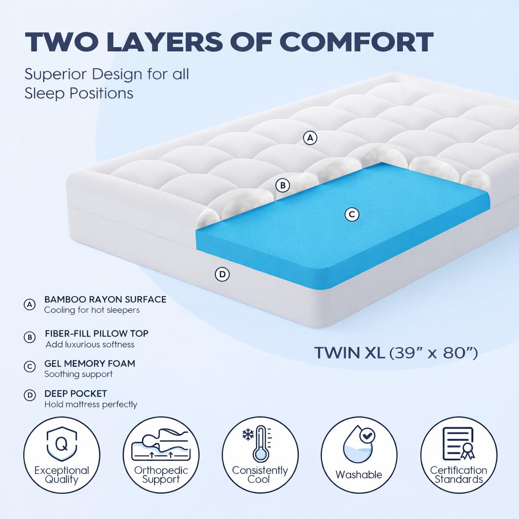 ELEMUSE Twin XL Dorm Dual Layer 3 Inch Memory Foam Mattress Topper for College, Dorm Room Essentials, 2 Inch Cooling Gel Foam and 1 Inch Soft Pillow Top Bed Pad,Back to School Comfortable Support