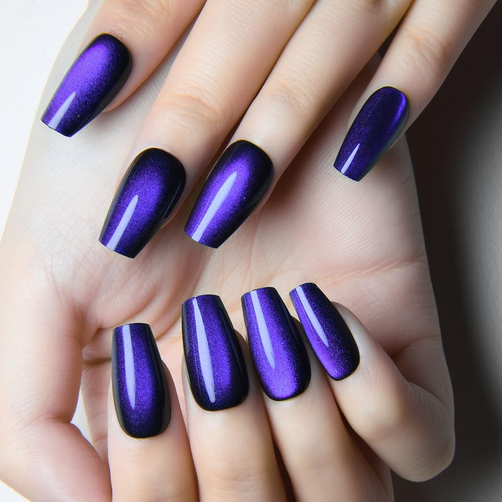 evpct Royal Blue Cat Eye Coffin Press on Nails Medium Square No Glue, Medium Square Stick on Nail for Women, Royal Blue Metallic Glitter Glossy Reusable Soft Press on Acrylic Fake Nails with Designs