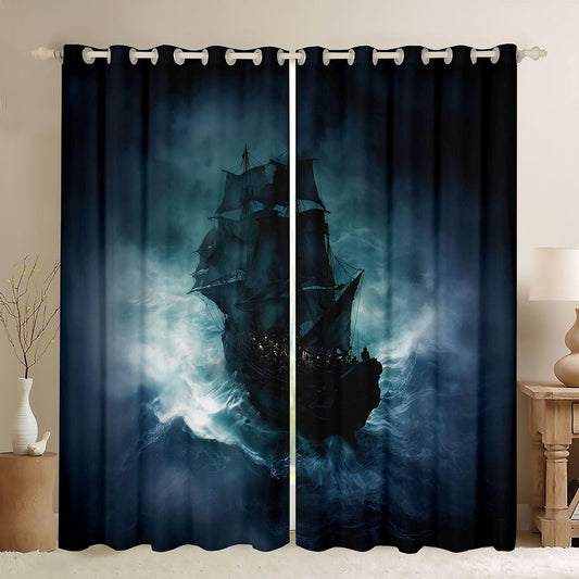 Erosebridal Nautical Blackout Curtains Retro Sailboat Sailing Window Curtains 42" Wx63 L Teen Kids Men Fantasy Ocean Advanture Window Treatments Drapes Bedroom Mystical Coastal Travel 2 Panels Decor