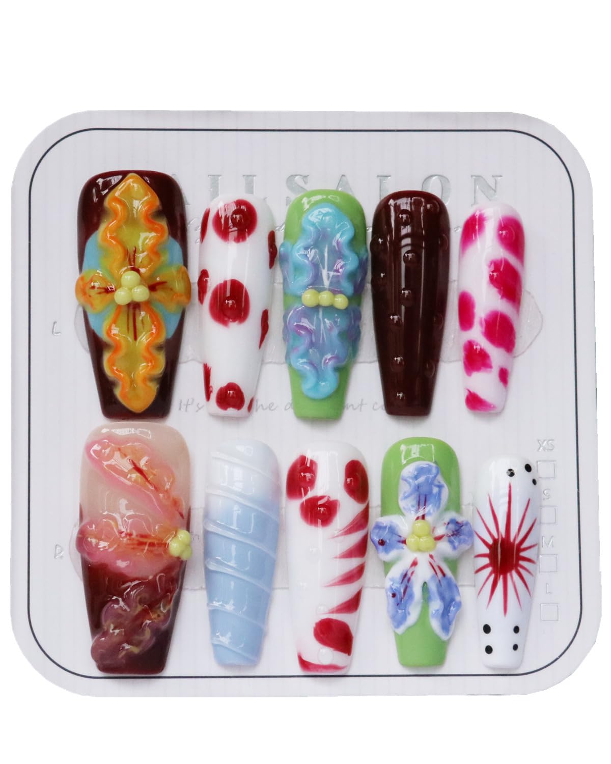 CAMILCY Handmade Press on Nails Long Coffin Glossy 3D Floral Luxury Fake Nails Red Brown Acrylic Nails Art for Women Daily Party Handcrafted Artisan10pcs Nails (B21, M)