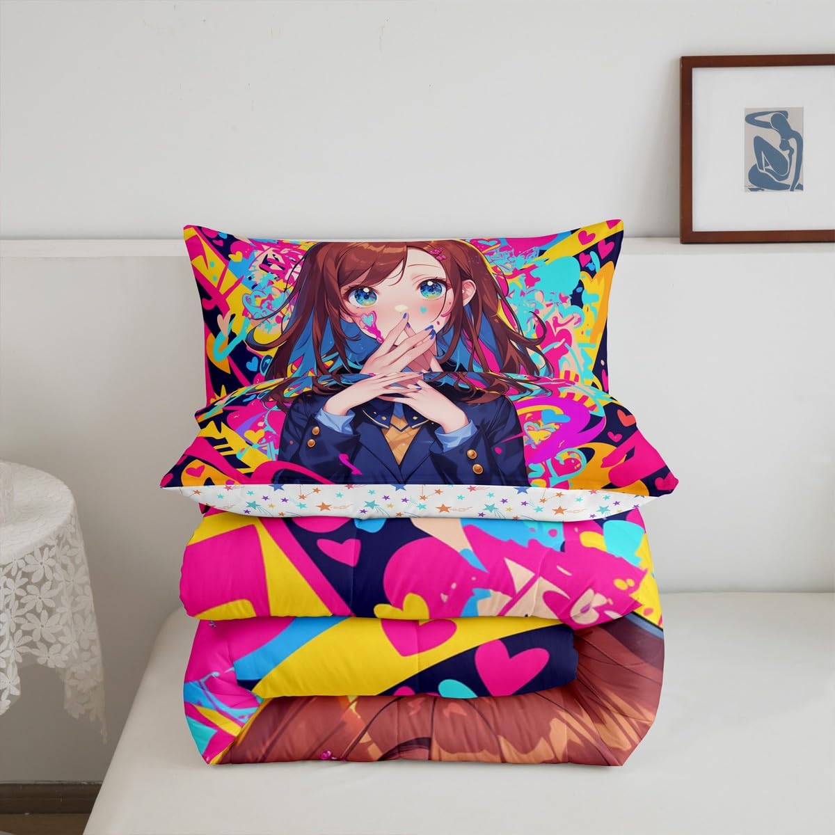 Erosebridal Anime Girl Full Bedding Set, Japanese Anime Comforter Set 3 Piece for Kids Girls Teens Adult Bedroom Decor, Cartoon Girl Quilt Kawaii Japanese Animation Bedding Comforter Sets