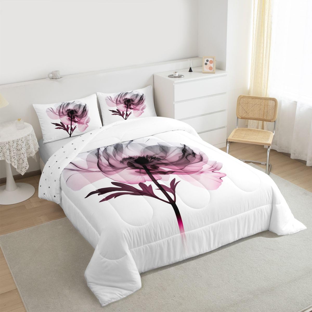 jejeloiu Abstract Flowers Comforter Set Toddler Size Modern Art Bedding Set for Kids Boys Girls Floral Pink Duvet Quilt Bedroom Decor Microfiber 2 Pcs with 1 Pillow Cases