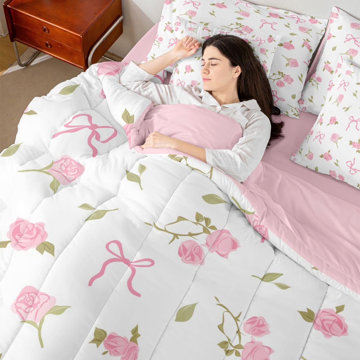 Erosebridal Pink Bowknot 7 Piece Bedding Set Full Size Rose Floral Bed in A Bag Coquette Bows Comforter with Sheets Princess Ballet Bow Bed Sets