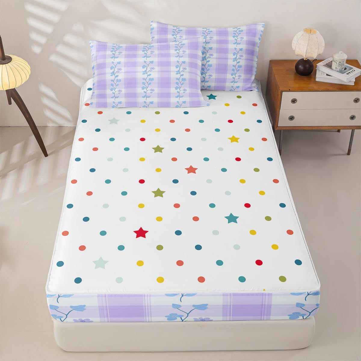 Feelyou Purple Flower Zipper Bedding Sets for Kids Boys Girls Botanical Floral Printed Queen Comforter Set with Fitted Sheet Natural Theme Bedroom Decor Microfiber with 2 Pillow Cases