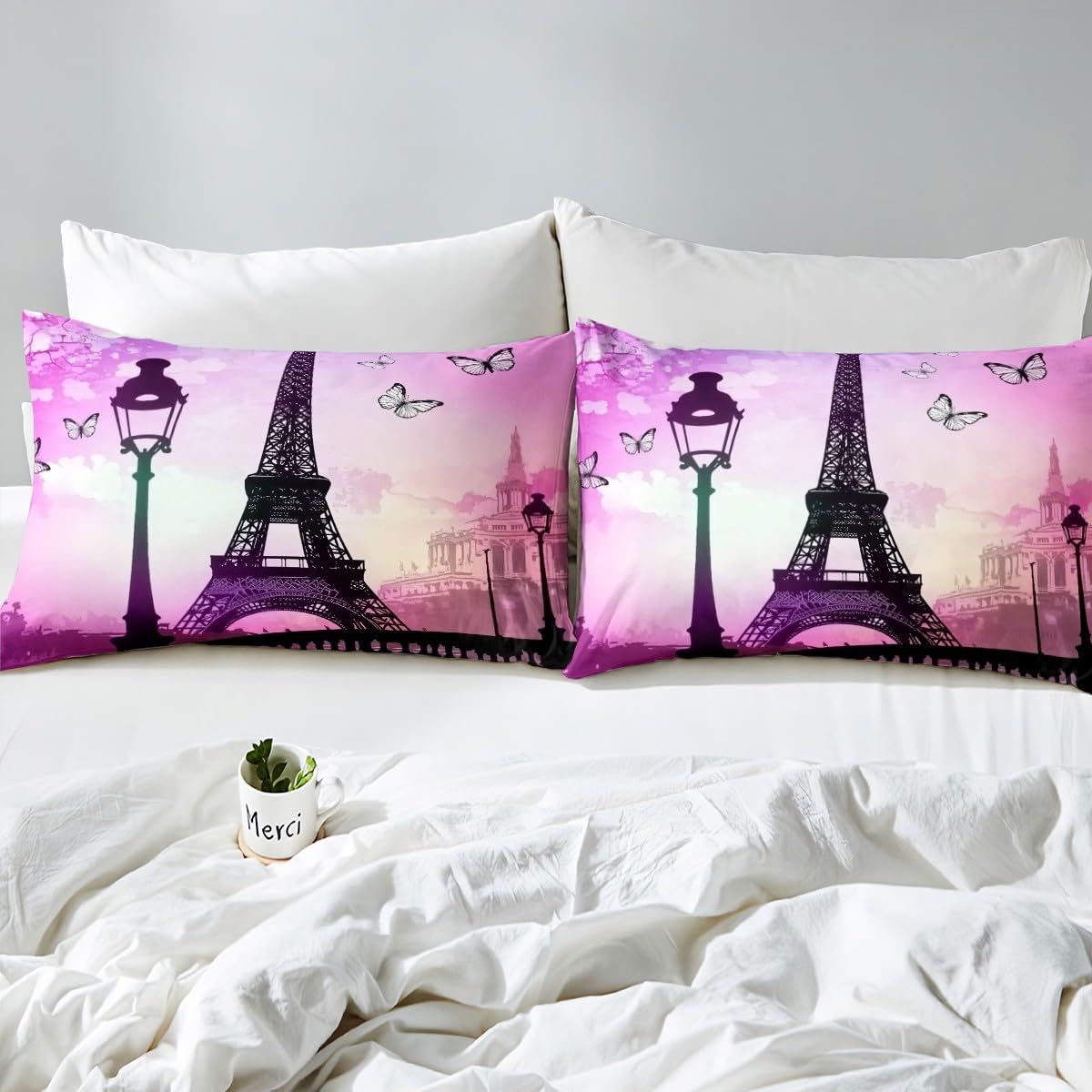 Eiffel Tower Fitted Sheet Full for Boys Kids Teens Bedroom,Fashion Paris Buildings Bedding Set(No Top Sheet),Dreamy Purple Sky Bed Sheet,French Style Bed Cover,2 Pillowcases