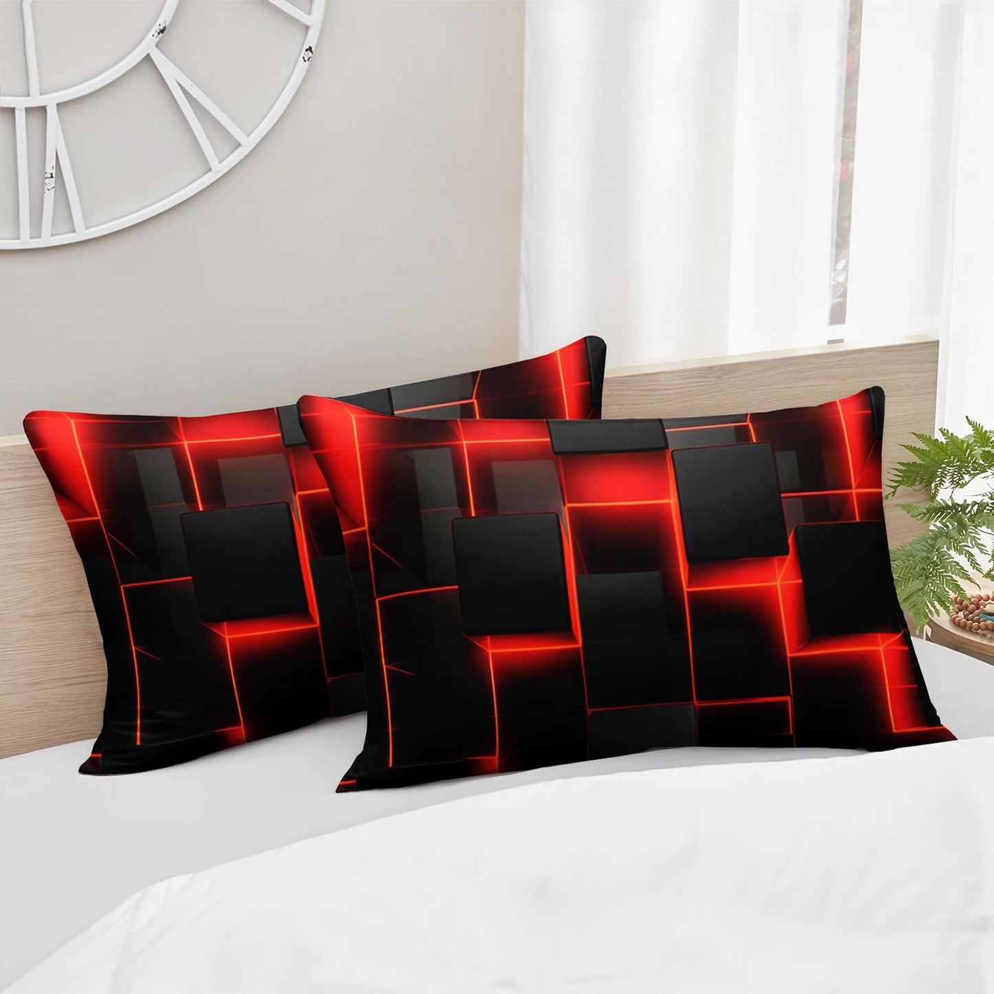 HOSIMA Honeycomb Twin Bedding Sets for Boys,Red Black Geometric Pattern Fitted Sheet for Kids Teens Girls Room Decor,Lightweight Red Neon Lights Bedding Twin Size,1 Fitted Sheet+2 Pillowcases.