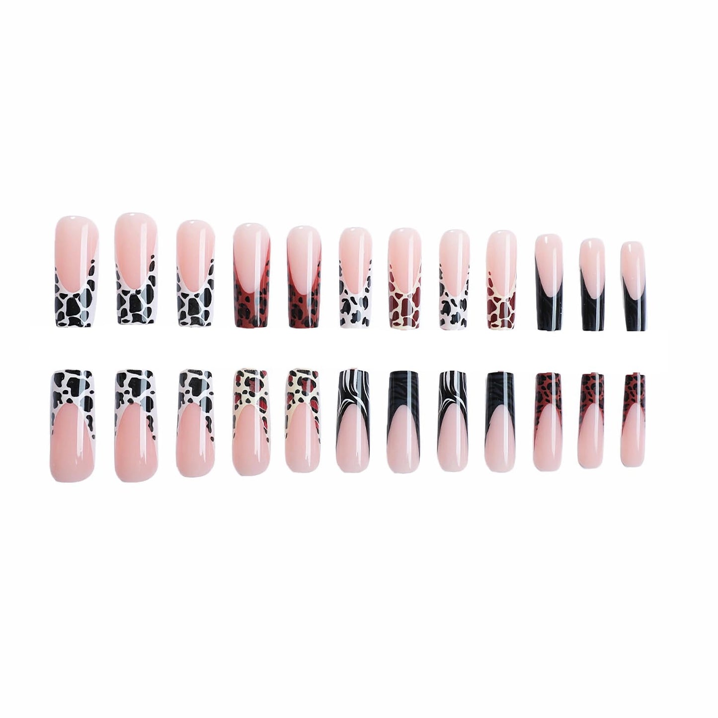 MERVF Press on Nails Long Square, Leopard Cow Print French Tip Fake Nails Black Glue ons Acrylic Nail Animal Print Design Glossy 24pcs