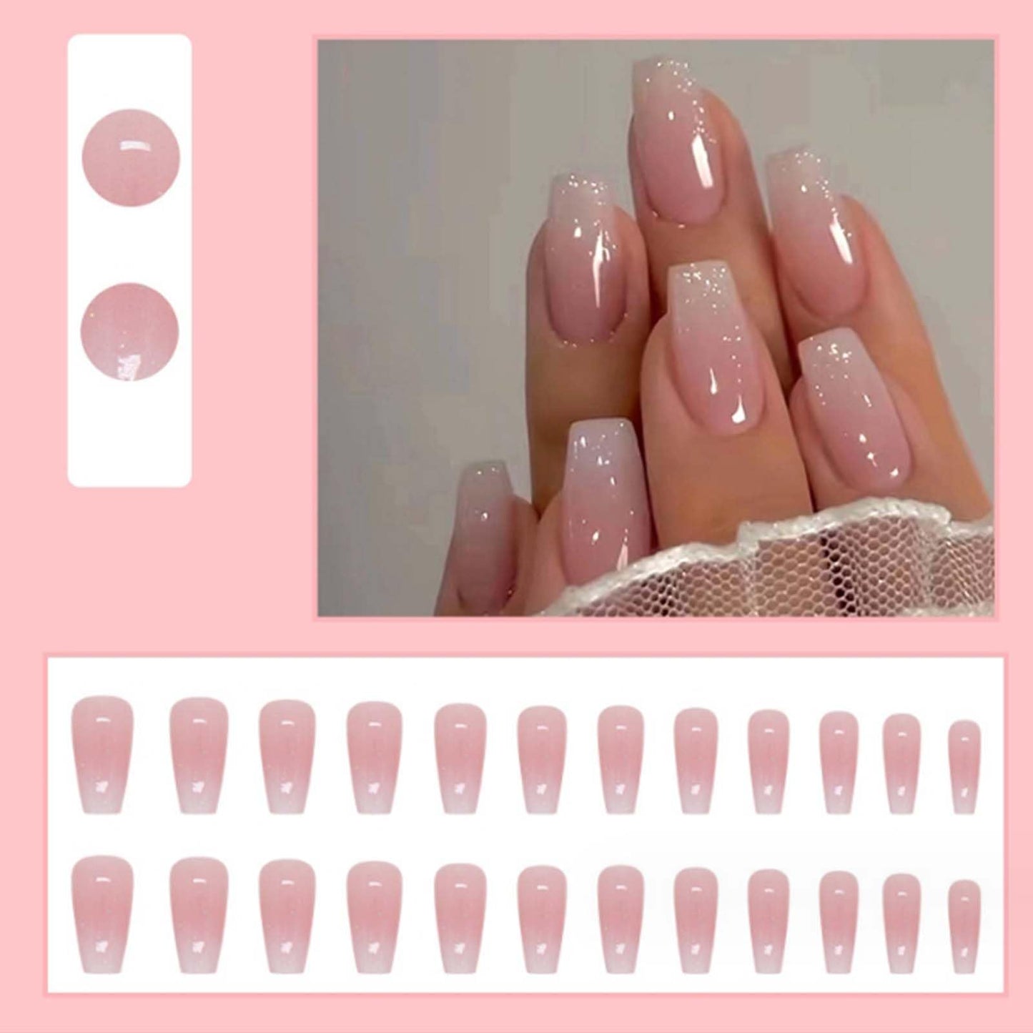 YoYoee Long Coffin False Nails Pink Gradient Press on Nails Glitter Fake Nails Full Cover Stick on Nails for Women and Girls 24PCS
