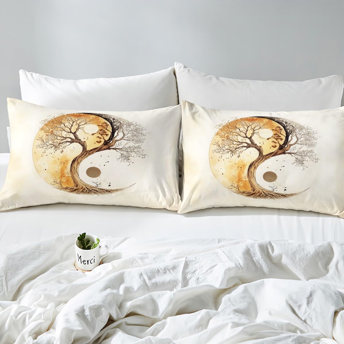 Yin Yang Tai Chi Bedding Sets Queen Size,Bohemian Tree Duvet Cover Set for Kids Boys Girls Teen Adult Room Decor,Oriental Comforter Cover Life Traditional Reversible Print Quilt Cover,2 Pillowcases