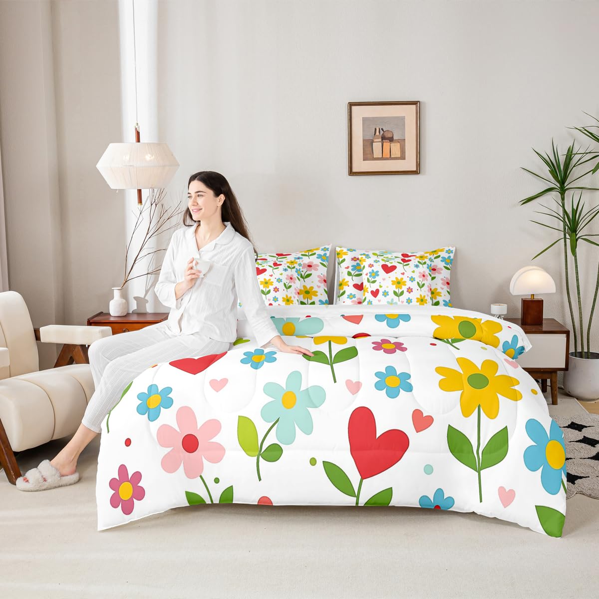 Feelyou Floral Queen Comforter Set with Sheets for Kids Boys Girls Cute 7 Pieces Bedding Set Farmhouse Garden Bed in a Bag Plant Room Decor Red Orange Soft Lightweight Microfiber