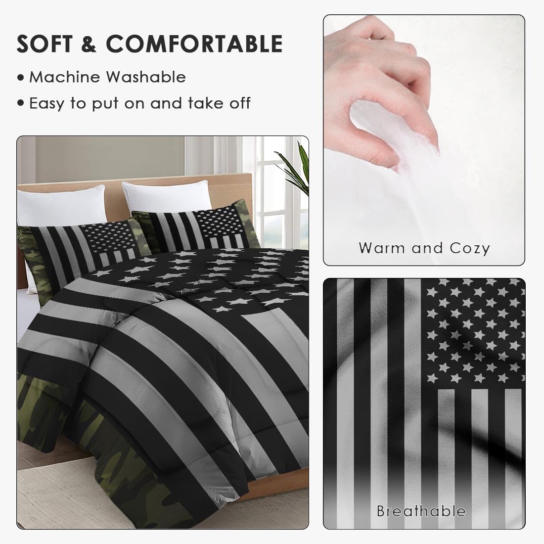 WeCozy Queen Size Comforter Set with 2 Pillowcases, Black Military Camouflage American Flag Soft 3 Pcs Bedding for Kids and Adults Bedroom Bed Decor