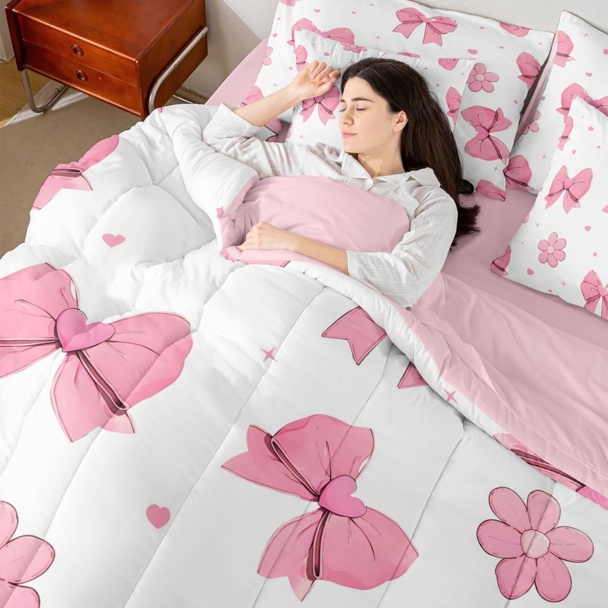 Erosebridal Pink Bows King 7 Piece Comforter Set for Girls Bedroom Bowknot Bedding Set Bed in A Bag Dreamy Coquette Bow Bed Set Girly Ribbon Heart Flowers Quilt Comforter with Sheets