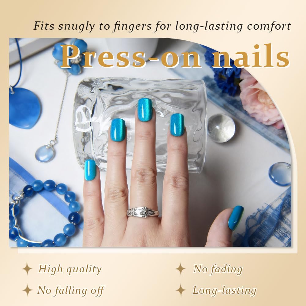 evpct Lake Blue Cat Eye Short Square Press on Nails, Short Square Stick on Nails for Women Gift, Lake Blue Glitter Glossy Fake Nail Reusable Press on Acrylic Fake Nail with Holographic Cat Eye Design