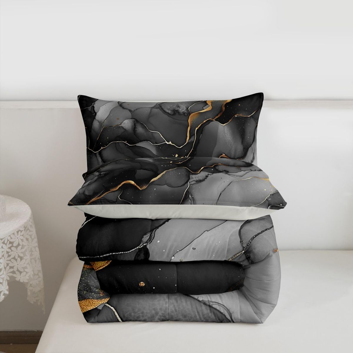 Erosebridal Marble Comforter Set King Black Grey Marble Print Bedding Set Gold Liquid Quicksand Design Comforter for Kids Boys Girls,Modern Abstract Art Quilt Duvet