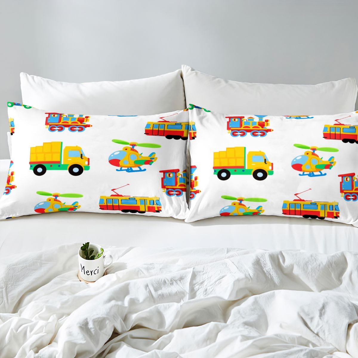 Cartoon Car Sheet Set Kids Construction Sheets with Deep Pocket Fitted Sheet for Boys Cute Train Aircraft Bed Sheets Set Breathable Airplane Print Construction Vehicles Bedding Set Room Decor Full